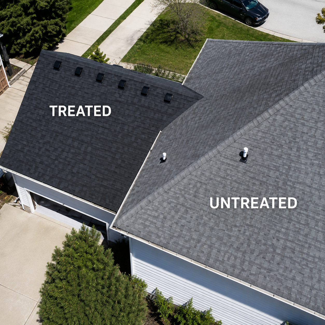 Treated and untreated shingle sections